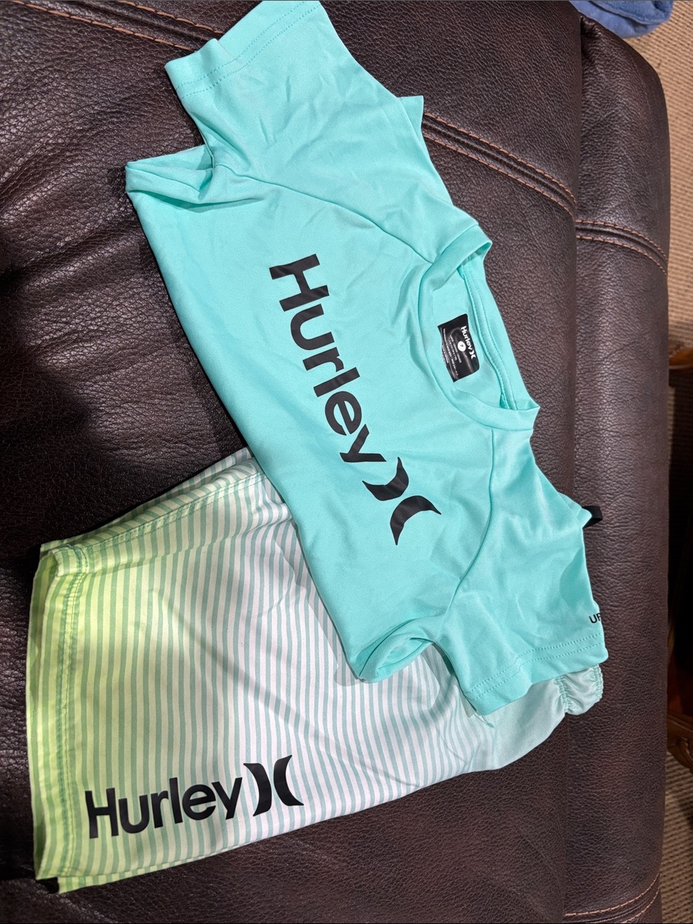 Hurley Aqua Short Sleeve Rash Guard with Mint-Striped Swim Shorts
